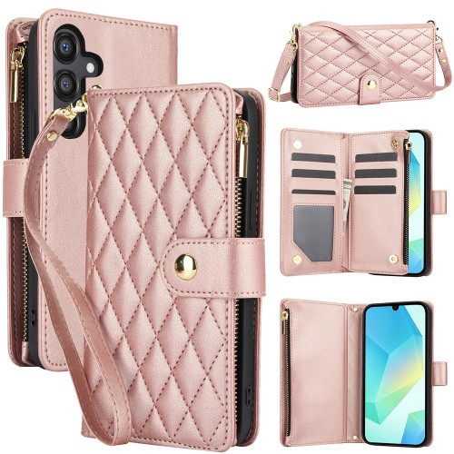 Samsung Galaxy A16 5G YM016 Rhombic Zipper Card Wallet Leather Phone Case with Lanyard - Rose Gold