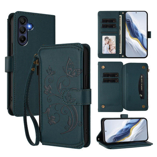 Samsung Galaxy A26 5G Butterfly Love Flower Multi-card Zipper Wallet Leather Phone Case - Dark Green