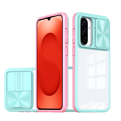 Samsung Galaxy A26 5G Clear Acrylic + PC + TPU Lens Sliding Cover Full Coverage Phone Case - Blue+Pink