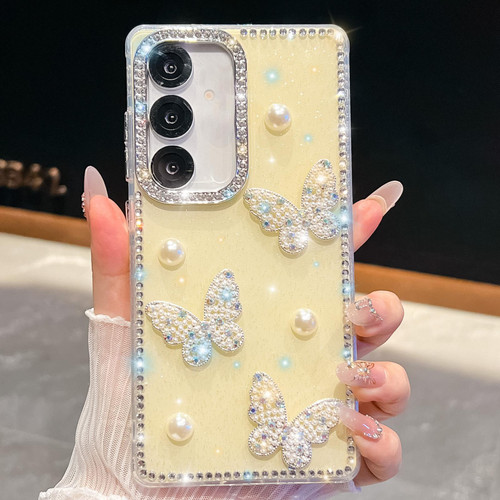 Samsung Galaxy A26 5G Diamond Glitter Pearl Butterfly Four-Corner Shockproof Phone Case - Light Yellow