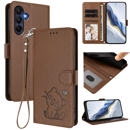 Samsung Galaxy A26 5G Embossed Heart Cat Leather Phone Case with Hand Strap - Brown