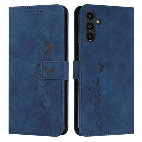 Samsung Galaxy A26 5G Skin Feel Heart Embossed Leather Phone Case with Long Lanyard - Blue Samsung Galaxy A26 5G Skin Feel Heart Embossed Leather Phone Case with Long Lanyard - Blue