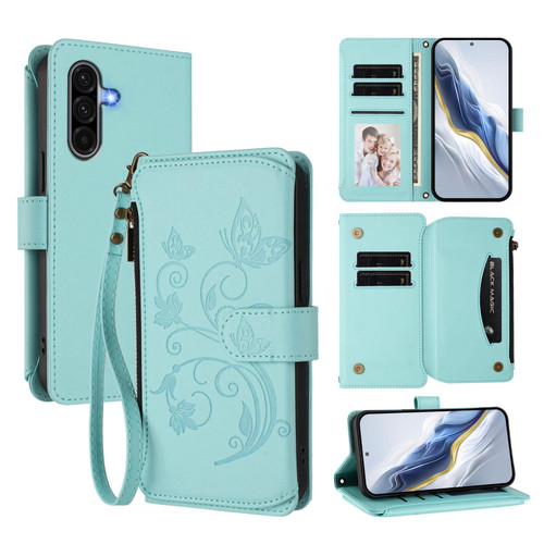 Samsung Galaxy A36 5G / A56 5G Butterfly Love Flower Multi-card Zipper Wallet Leather Phone Case - Mint Green