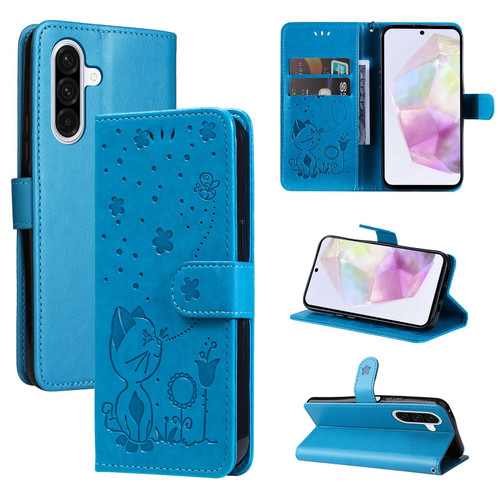 Samsung Galaxy A36 5G / A56 5G Cat and Bee Embossed Flip Leather Phone Case - Blue