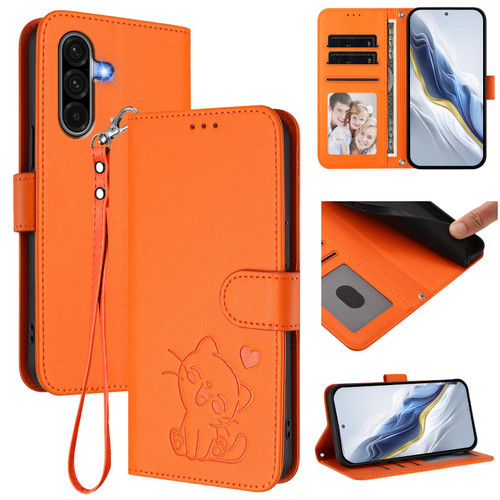 Samsung Galaxy A36 5G / A56 5G Embossed Heart Cat Leather Phone Case with Hand Strap - Orange