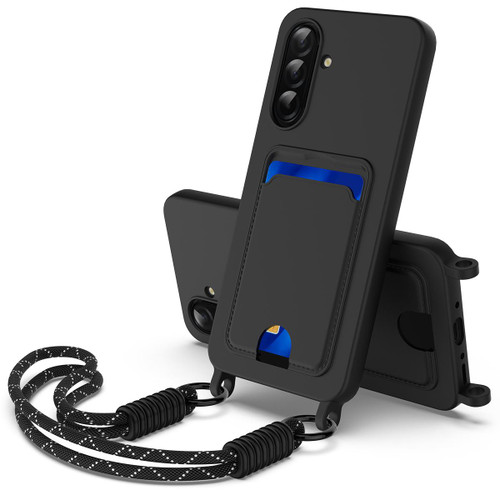 Samsung Galaxy A36 5G / A56 5G Integrated Card Bag Solid Color Liquid Silicone Phone Case Gen2 with Short Lanyard - Black