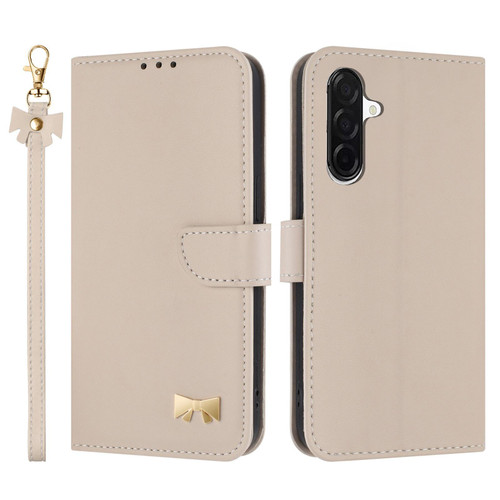 Samsung Galaxy A36 5G / A56 5G Metal Bow Leather Phone Case with Hand Strap - Apricot