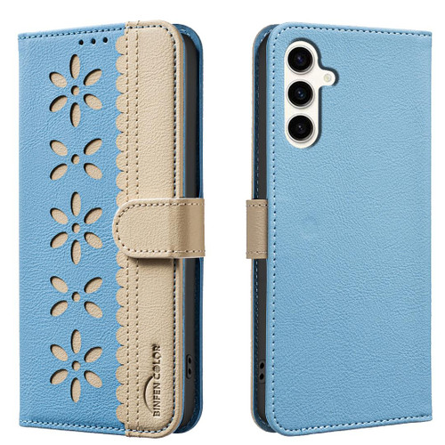 Samsung Galaxy A36 5G / A56 5G Splicing Color Hollow Flower Pattern RFID Leather Phone Case - Baby Blue