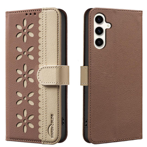 Samsung Galaxy A36 5G / A56 5G Splicing Color Hollow Flower Pattern RFID Leather Phone Case - Brown