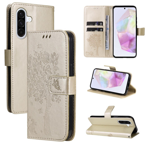 Samsung Galaxy A36 5G / A56 5G Tree & Cat Embossed Pattern Flip Leather Phone Case - Gold