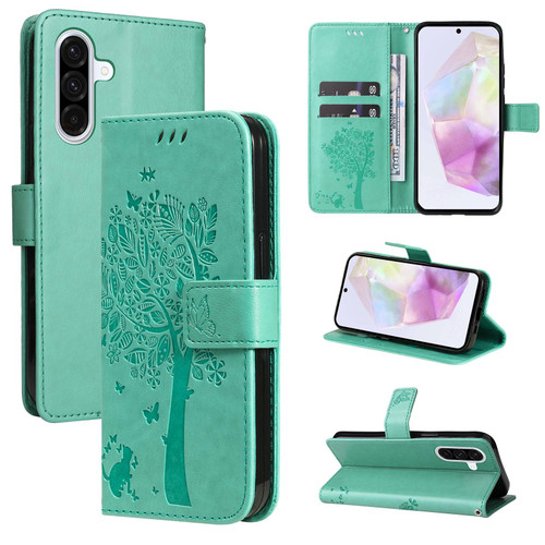 Samsung Galaxy A36 5G / A56 5G Tree & Cat Embossed Pattern Flip Leather Phone Case - Green