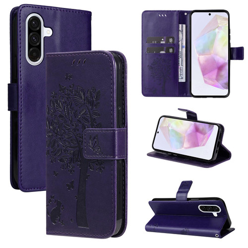 Samsung Galaxy A36 5G / A56 5G Tree & Cat Embossed Pattern Flip Leather Phone Case - Purple