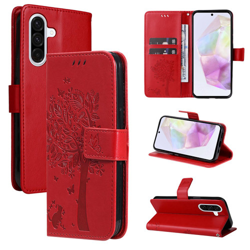 Samsung Galaxy A36 5G / A56 5G Tree & Cat Embossed Pattern Flip Leather Phone Case - Red