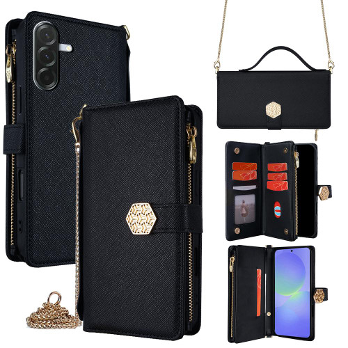 Samsung Galaxy A36 5G Crossbody Handle Cross Texture Leather Phone Case - Black