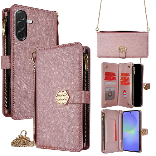 Samsung Galaxy A36 5G Crossbody Handle Cross Texture Leather Phone Case - Rose Gold