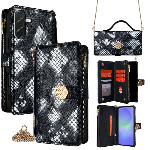 Samsung Galaxy A36 5G Crossbody Handle Snake Texture Leather Phone Case - Black