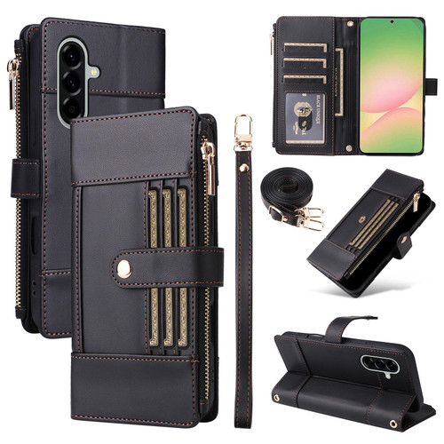 Samsung Galaxy A36 5G Crossbody Strap RFID Blocking Zipper Wallet Leather Phone Case - Black