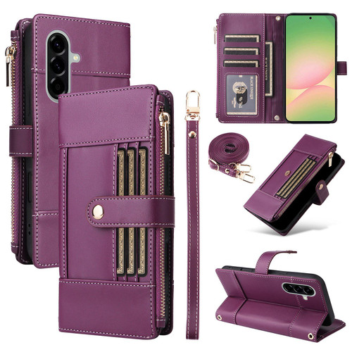 Samsung Galaxy A36 5G Crossbody Strap RFID Blocking Zipper Wallet Leather Phone Case - Purple