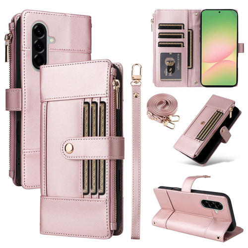 Samsung Galaxy A36 5G Crossbody Strap RFID Blocking Zipper Wallet Leather Phone Case - Rose Gold
