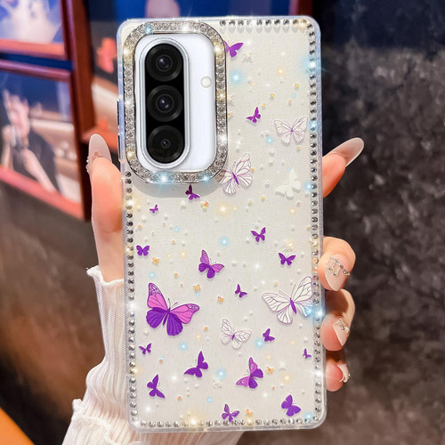 Samsung Galaxy A36 5G Diamond Glitter Butterfly Pattern Shockproof Phone Case - Purple Butterfly B6