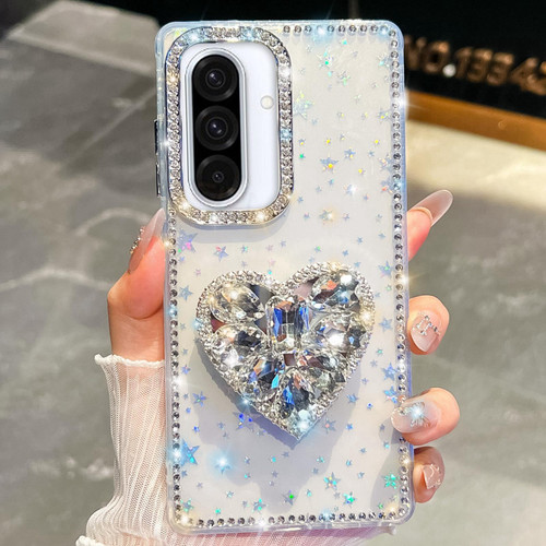 Samsung Galaxy A36 5G Diamond Glitter Gemstone Heart Holder Phone Case - Transparent Stars