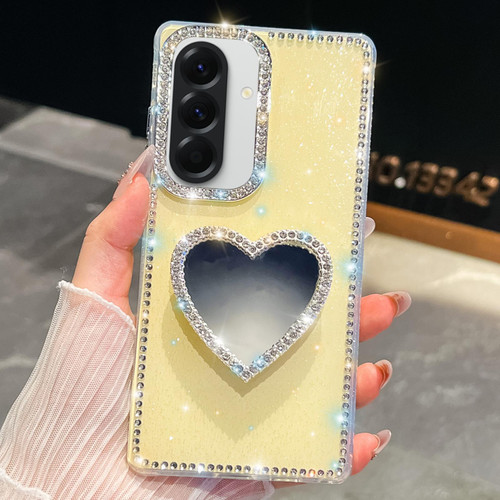 Samsung Galaxy A36 5G Diamond Glitter Mirror Heart Holder Phone Case - Light Yellow