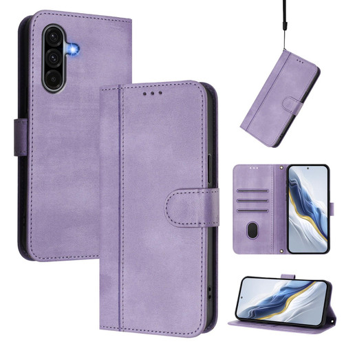 Samsung Galaxy A36 5G Line Splicing Buckle Retro Leather Phone Case - Purple