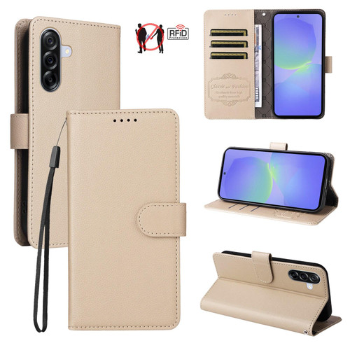 Samsung Galaxy A36 5G Litchi Texture RFID Blocking 3-Card Wallet Leather Phone Case - Beige