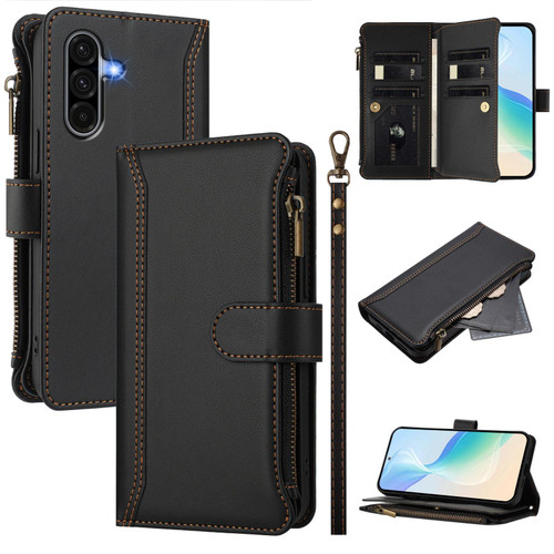 Samsung Galaxy A36 5G Magnetic Closure 9 Card Slots Zipper Leather Case with Hand Strap - Black