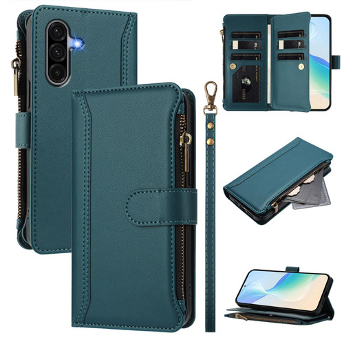Samsung Galaxy A36 5G Magnetic Closure 9 Card Slots Zipper Leather Case with Hand Strap - Dark Green