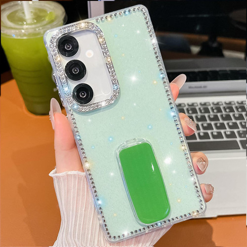 Samsung Galaxy A36 5G Rhinestone Glitter TPU 4-corners Anti-fall Phone Case with Holder - Light Green