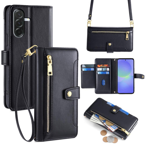 Samsung Galaxy A36 5G Sheep Texture Cross-body Zipper Wallet Leather Phone Case - Black