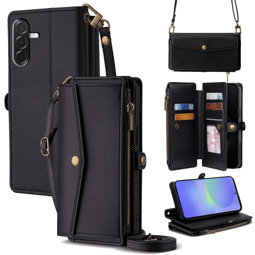 Samsung Galaxy A36 5G Zipper Wallet Side Buckle Crossbody Lanyard Leather Phone Case - Black