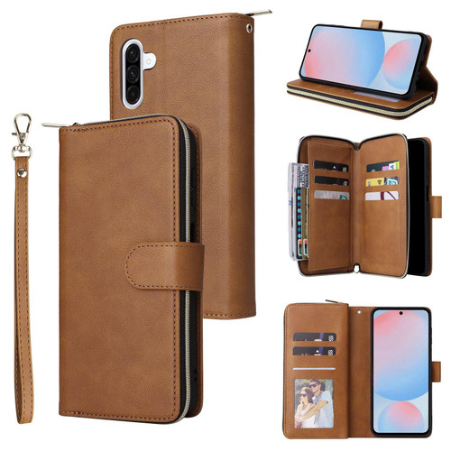 Samsung Galaxy A56 5G 9-Card Slots Zipper Wallet Bag Leather Phone Case - Brown Samsung Galaxy A56 5G 9-Card Slots Zipper Wallet Bag Leather Phone Case - Brown