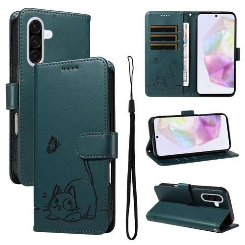 Samsung Galaxy A56 5G Adorable Cat Embossed Pattern Flip Leather Phone Case - Dark Green