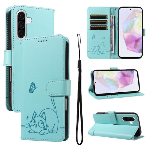 Samsung Galaxy A56 5G Adorable Cat Embossed Pattern Flip Leather Phone Case - Green