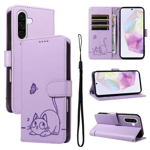 Samsung Galaxy A56 5G Adorable Cat Embossed Pattern Flip Leather Phone Case - Purple