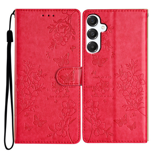 Samsung Galaxy A56 5G Butterflies and Flowers Leather Phone Case - Red