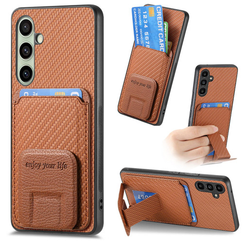 Samsung Galaxy A56 5G Carbon Fiber Card Bag Fold Stand Phone Case - Brown