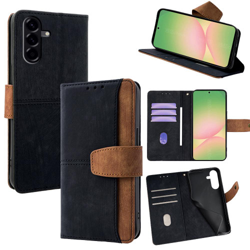 Samsung Galaxy A56 5G Color Stitching Skin Feel Leather RFID Blocking Phone Case - Black