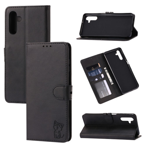 Samsung Galaxy A56 5G Embossed Happy Cat Pattern Flip Leather Phone Case - Black Samsung Galaxy A56 5G Embossed Happy Cat Pattern Flip Leather Phone Case - Black