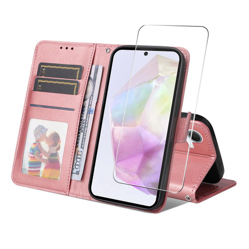 Samsung Galaxy A56 5G ENKAY Card Wallet Calf Texture Leather Phone Case with Screen Film - Pink Samsung Galaxy A56 5G ENKAY Card Wallet Calf Texture Leather Phone Case with Screen Film - Pink