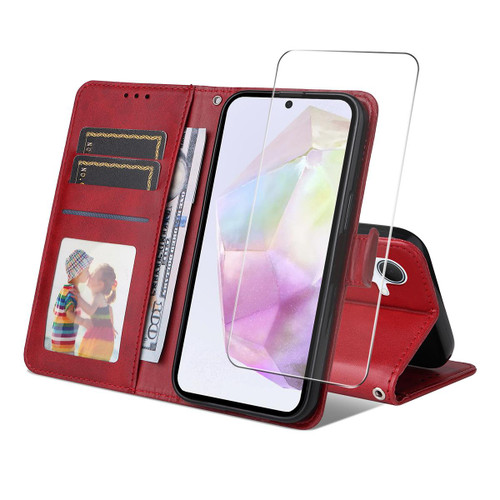 Samsung Galaxy A56 5G ENKAY Card Wallet Calf Texture Leather Phone Case with Screen Film - Red Samsung Galaxy A56 5G ENKAY Card Wallet Calf Texture Leather Phone Case with Screen Film - Red