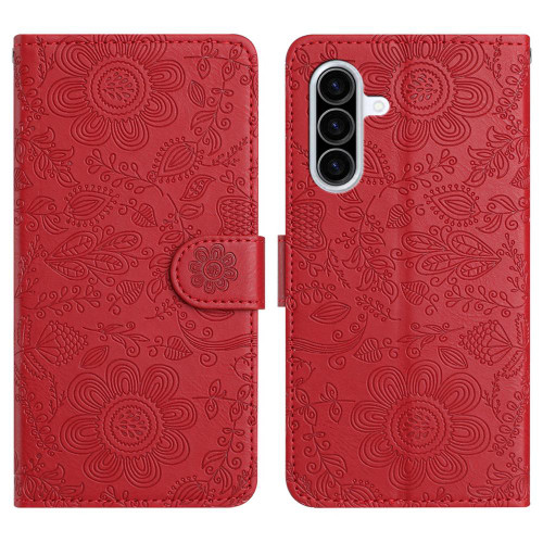 Samsung Galaxy A56 5G Floral Embossed Pattern Leather Phone Case - Red