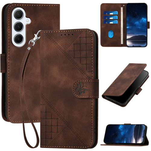 Samsung Galaxy A56 5G Grid Butterfly Embossed Pattern Leather Phone Case with Lanyard - Coffee Samsung Galaxy A56 5G Grid Butterfly Embossed Pattern Leather Phone Case with Lanyard - Coffee