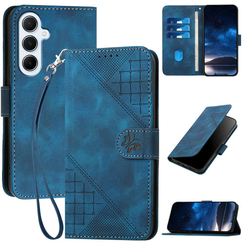 Samsung Galaxy A56 5G Grid Butterfly Embossed Pattern Leather Phone Case with Lanyard - Dark Blue Samsung Galaxy A56 5G Grid Butterfly Embossed Pattern Leather Phone Case with Lanyard - Dark Blue