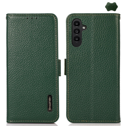 Samsung Galaxy A56 5G KHAZNEH Side-Magnetic Litchi Genuine Leather RFID Phone Case - Green