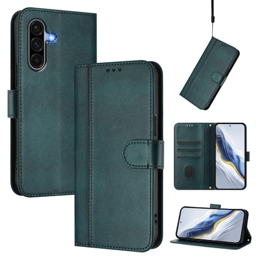 Samsung Galaxy A56 5G Line Splicing Buckle Retro Leather Phone Case - Dark Green