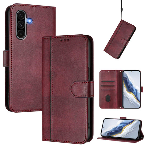 Samsung Galaxy A56 5G Line Splicing Buckle Retro Leather Phone Case - Wine Red