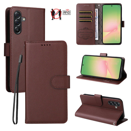 Samsung Galaxy A56 5G Litchi Texture RFID Blocking 3-Card Wallet Leather Phone Case - Brown